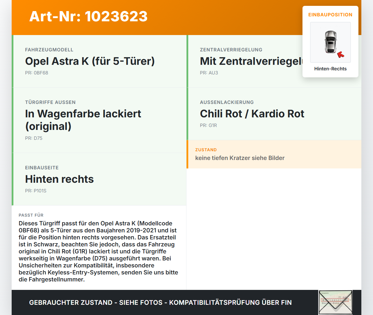 Opel Astra K 19-21 5T Türgriff außen hinten rechts Schwarz G1R Opel Astra K 19-21 26.01.2021 gebraucht Vorschau 3