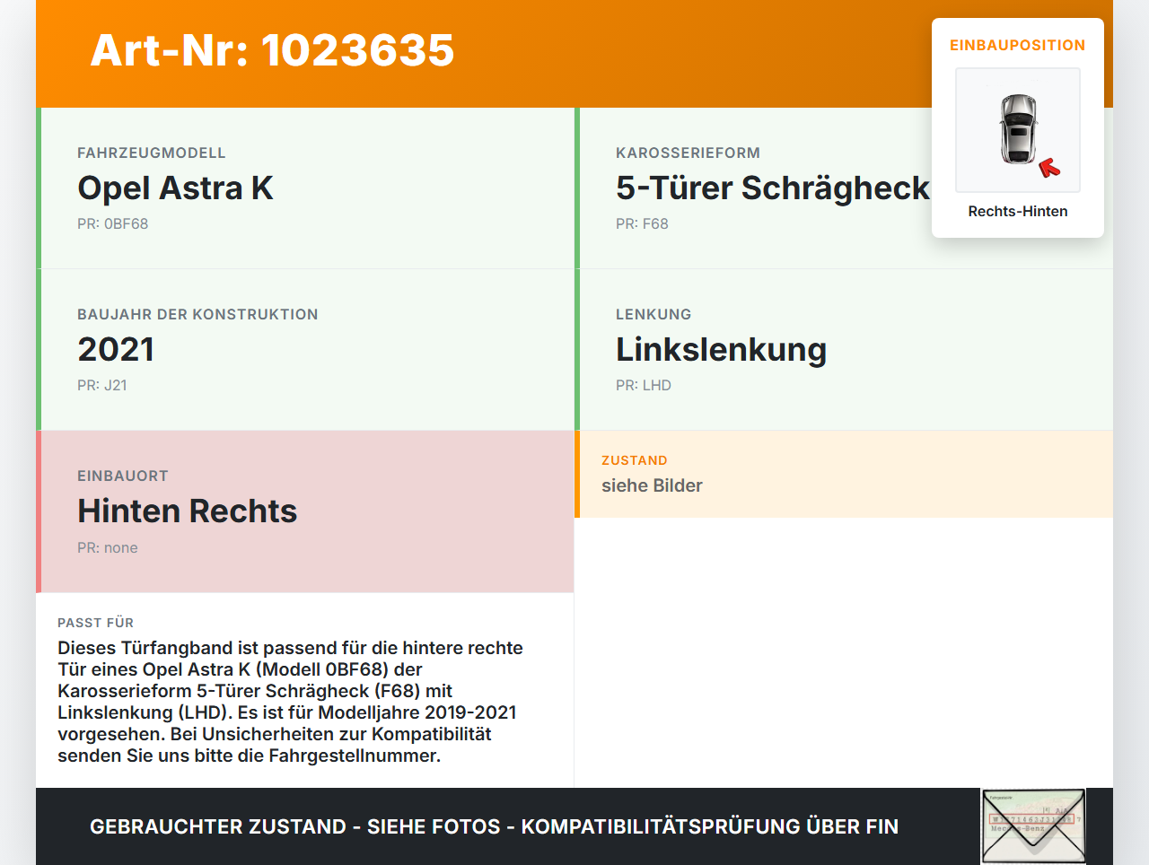 Opel Astra K 19-21 5T Türfangband Türbremse Türanschlag Rechts Hinten Opel Astra K 19-21 26.01.2021 gebraucht Vorschau 3