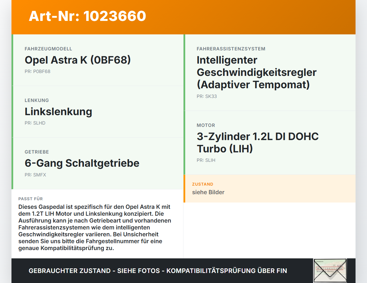 Opel Astra K 19-21 1,2T 96KW Gaswertgeber Gaspedal Opel Astra K 19-21 26.01.2021 13373776 6PV011554-00 gebraucht Vorschau 3