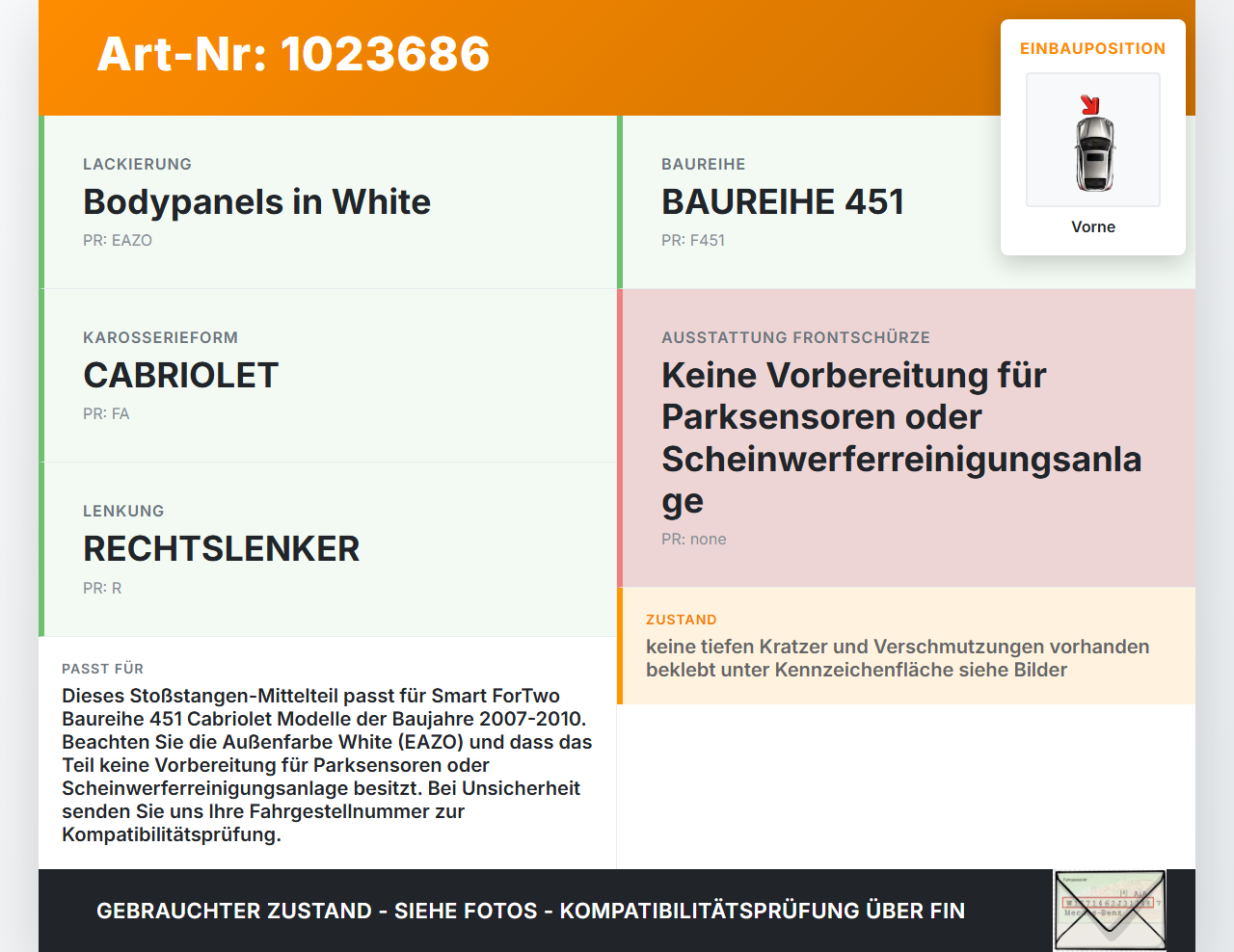 Smart ForTwo 451 07-10 Mittelteil Stoßstange Grundträger Frontschürze Vorne EAZ Smart ForTwo 451 07-10 01.12.2009... Vorschau 3