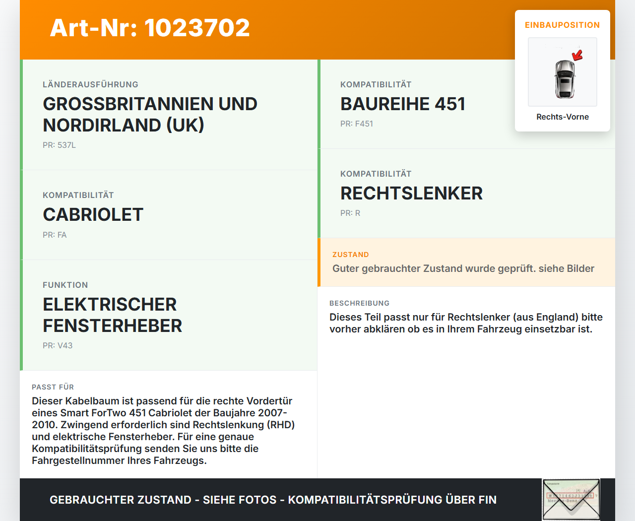 Smart ForTwo 451 07-10 Cabrio RHD Kabelbaum Tür und Fensterheber Rechts Vorne Smart ForTwo 451 07-10 01.12.2009... Vorschau 3