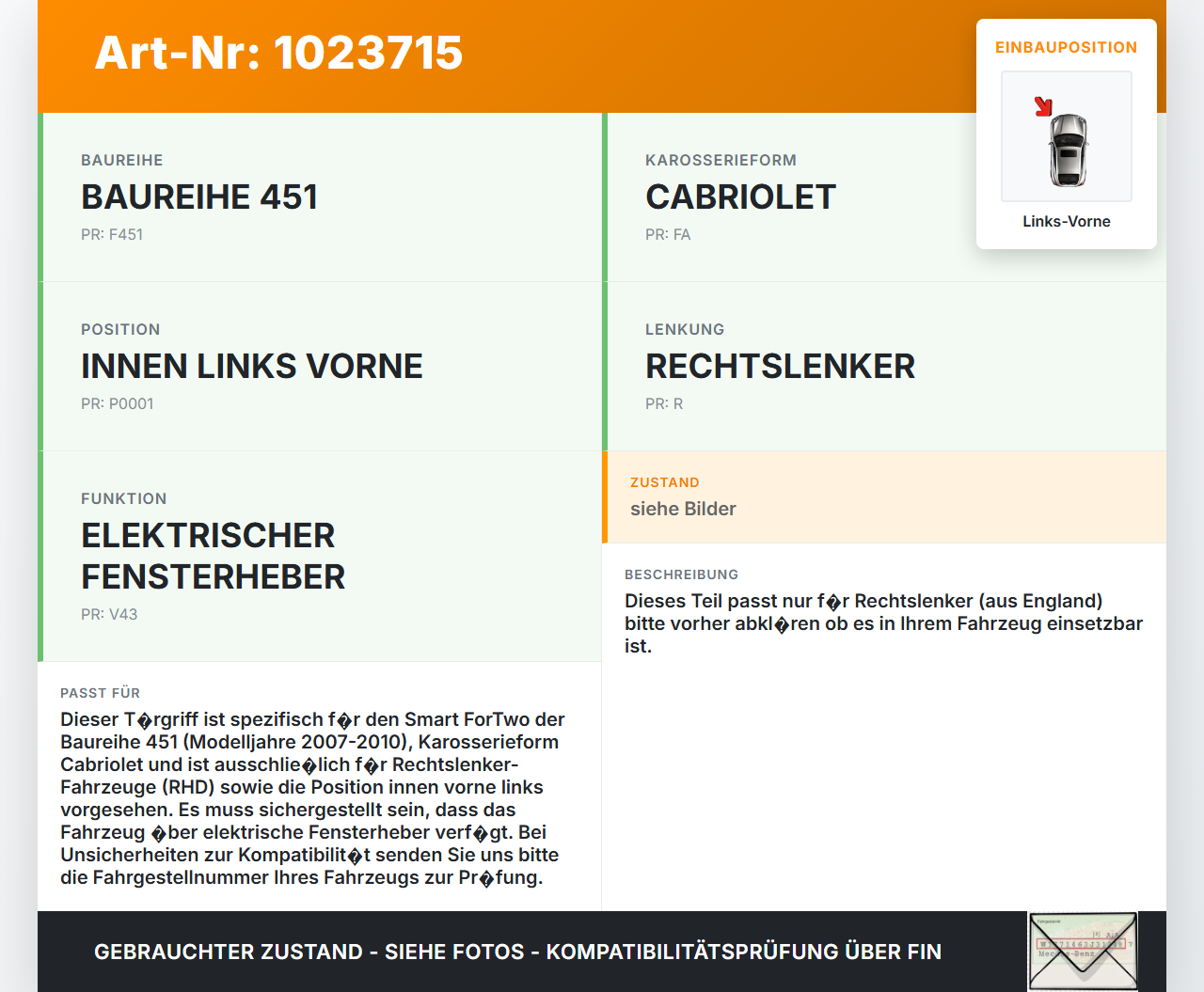Smart ForTwo 451 07-10 Cabrio RHD Türgriff Griff ohne Griffmuschel Innen Links Vorne Smart ForTwo 451 07-10... Vorschau 3