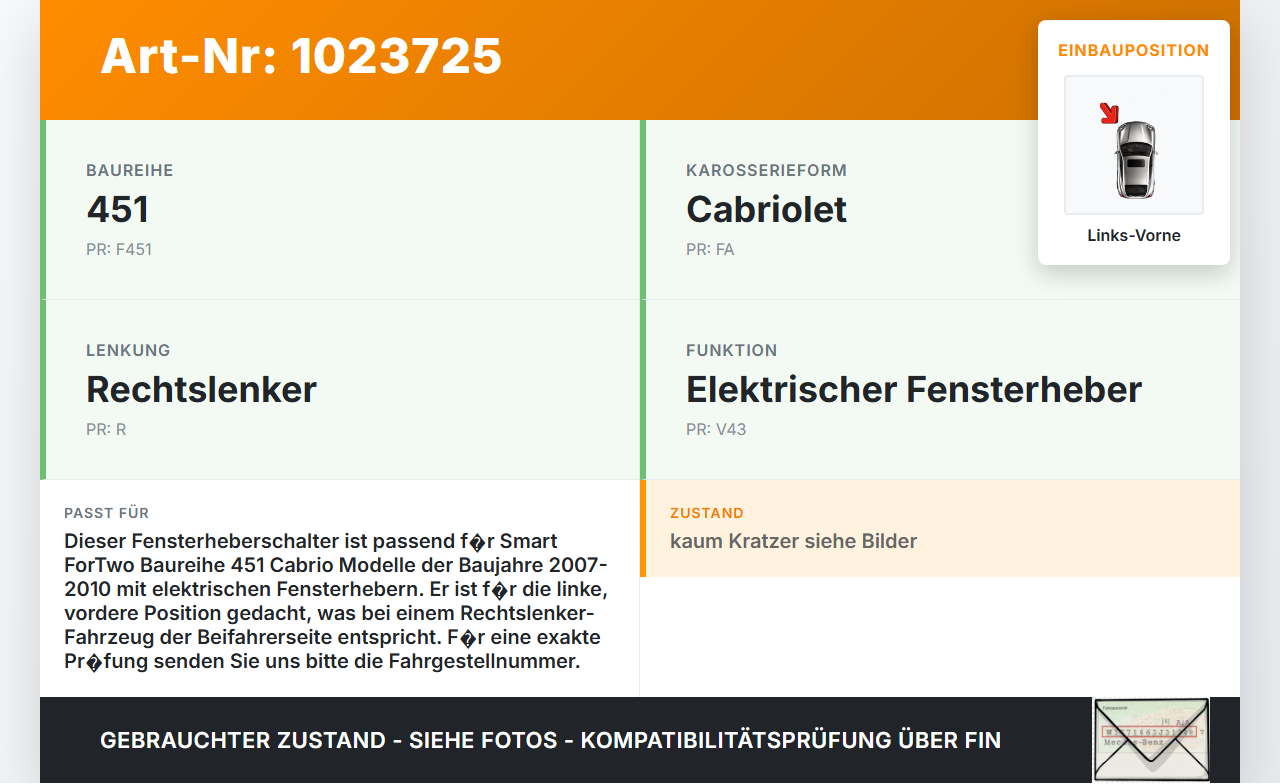 Smart ForTwo 451 07-10 Cabrio Fensterheberschalter Schalter Links Vorne Smart ForTwo 451 07-10 01.12.2009... Vorschau 3