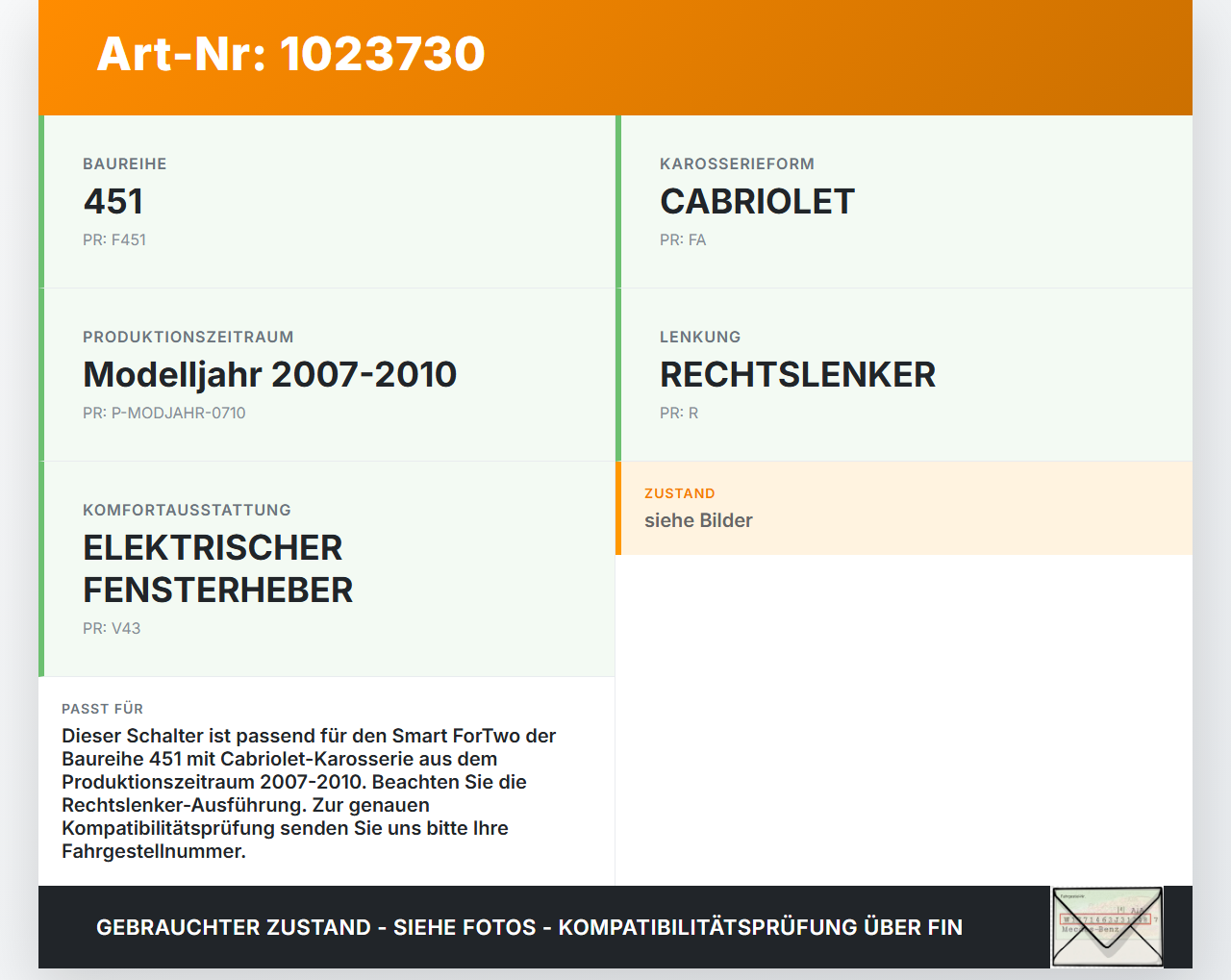 Smart ForTwo 451 07-10 Schalter Verdeck Smart ForTwo 451 07-10 01.12.2009 A4518203810 gebraucht Vorschau 3