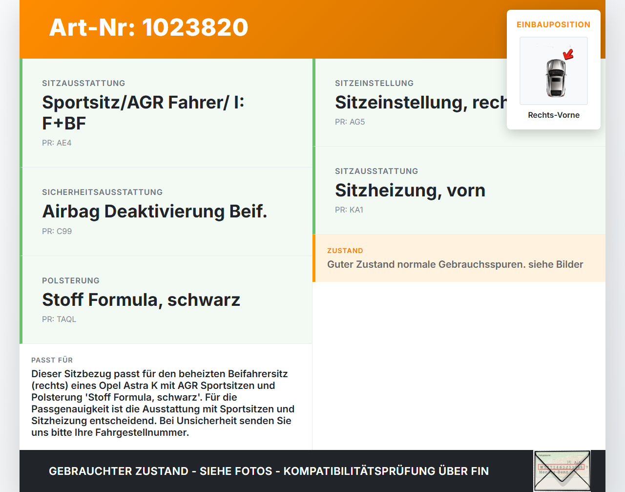 Opel Astra K 19-21 5T Sitzbezug Sitzpolster für Beifahrersitz Rechts Vorne beheizt Opel Astra K 19-21 26.01.2021... Vorschau 3
