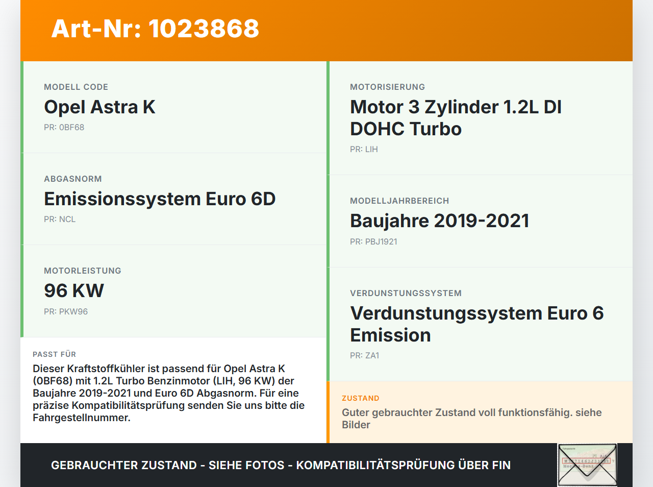 Opel Astra K 19-21 1,2T 96KW Kraftstoffkühler Kraftstoff- Kühler Opel Astra K 19-21 26.01.2021 gebraucht Vorschau 3