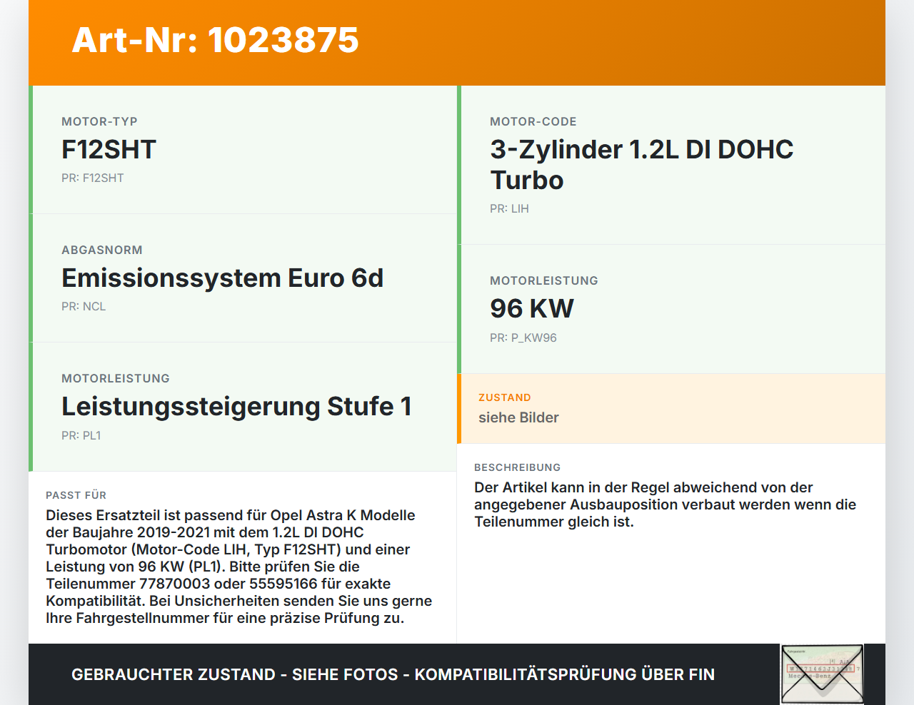 Opel Astra K 19-21 1,2T 96KW Zündspule Zündmodul Opel Astra K 19-21 26.01.2021 77870003 55595166 gebraucht Vorschau 3