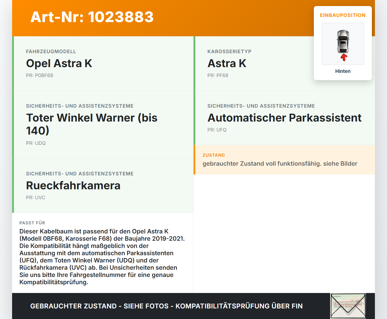 Opel Astra K 19-21 1,2T 96KW Kabelbaum Leitungssatz für Stoßstange Hinten Opel Astra K 19-21 26.01.2021 39206489... Vorschau 3