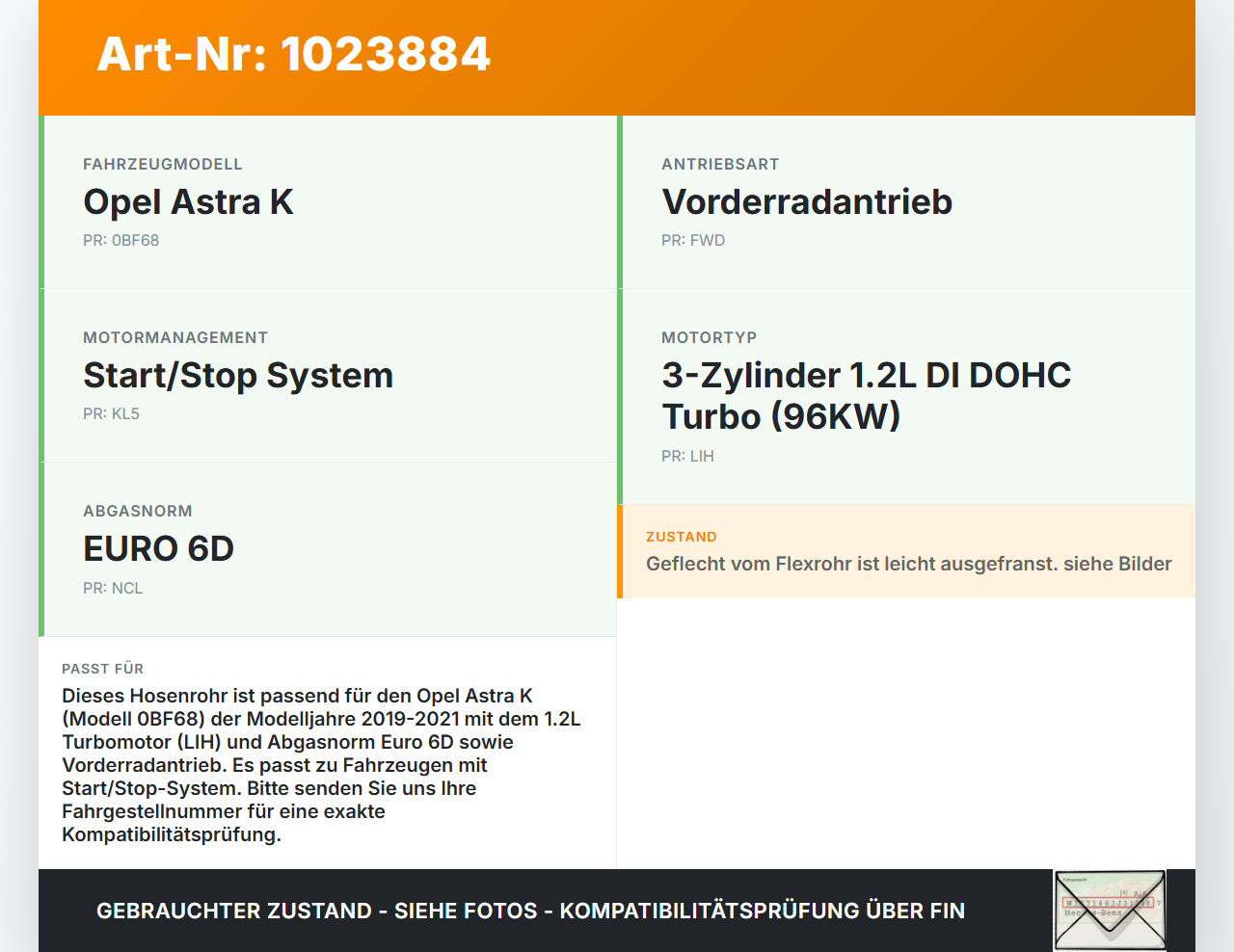 Opel Astra K 19-21 1,2T 96KW Hosenrohr Flexrohr Vorderrohr Abgasrohr Opel Astra K 19-21 26.01.2021 gebraucht Vorschau 3