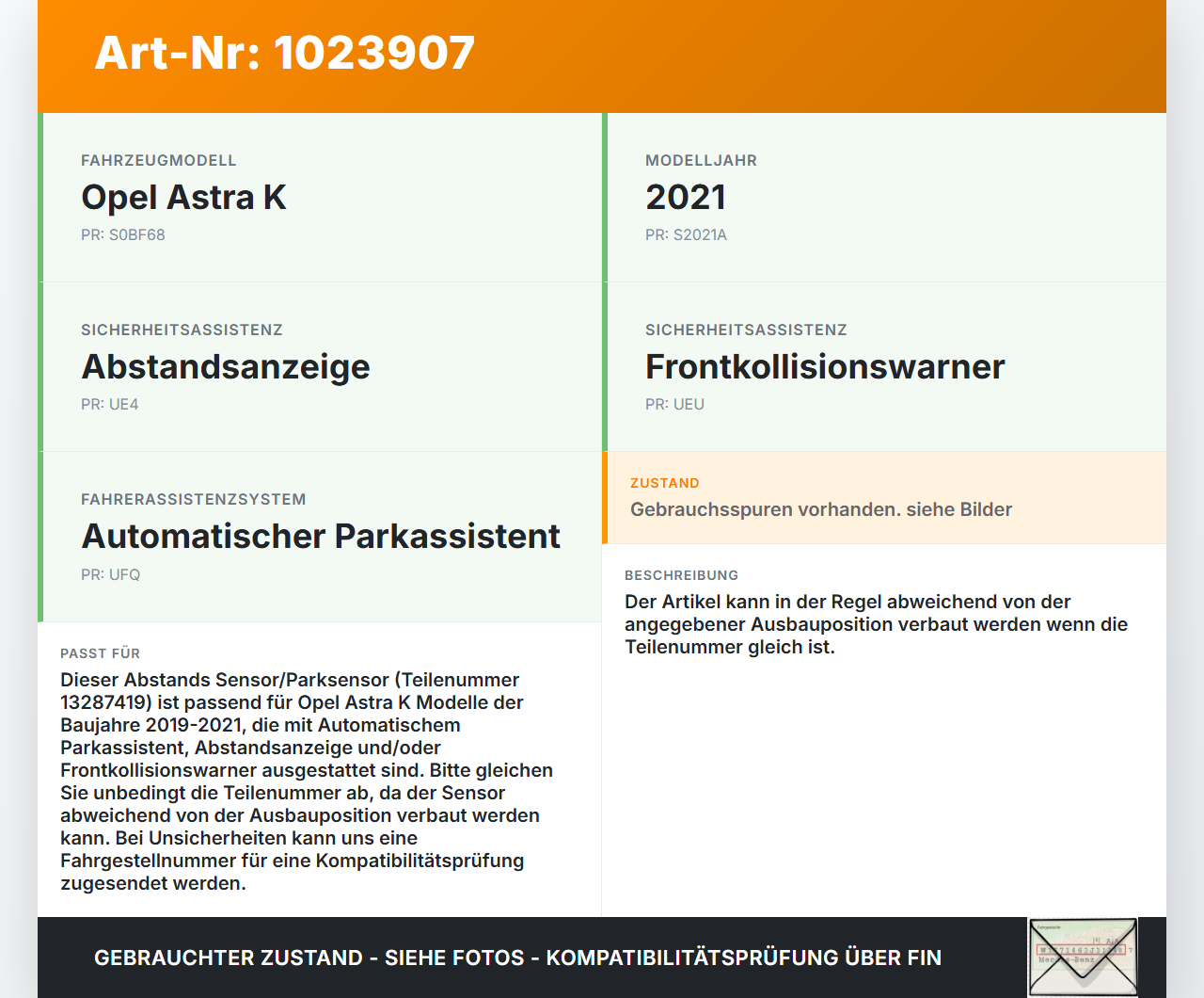 Opel Astra K 19-21 Abstands Sensor Parksensor PDC Opel Astra K 19-21 26.01.2021 13287419 0093009 39202074 gebraucht Vorschau 3