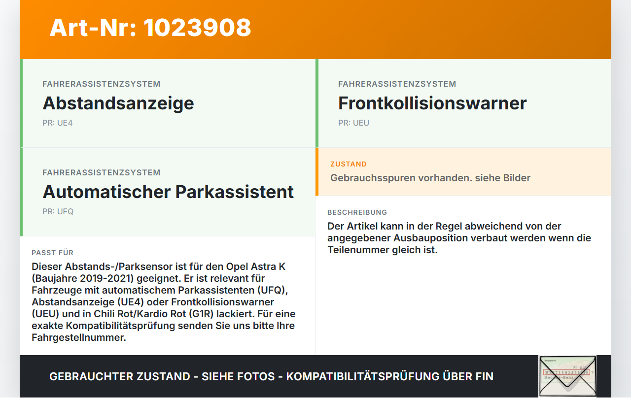 Opel Astra K 19-21 Abstands Sensor Parksensor PDC Opel Astra K 19-21 26.01.2021 13287419 39202074 gebraucht Vorschau 3