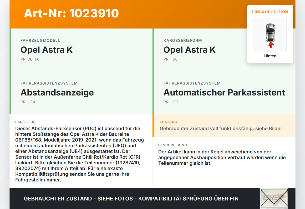 Opel Astra K 19-21 Abstands Sensor Parksensor PDC Hinten Opel Astra K 19-21 26.01.2021 13287419 39202074 gebraucht Vorschau 3