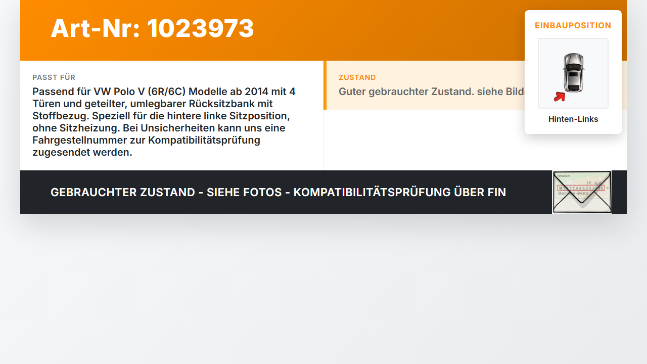 VW Polo V 6R 14-17 5T Sitzpolster Sitzfläche Sitzkissen Hinten Links VW Polo V 6R 14-17 11.12.2014 6R0885375L gebraucht Vorschau 3
