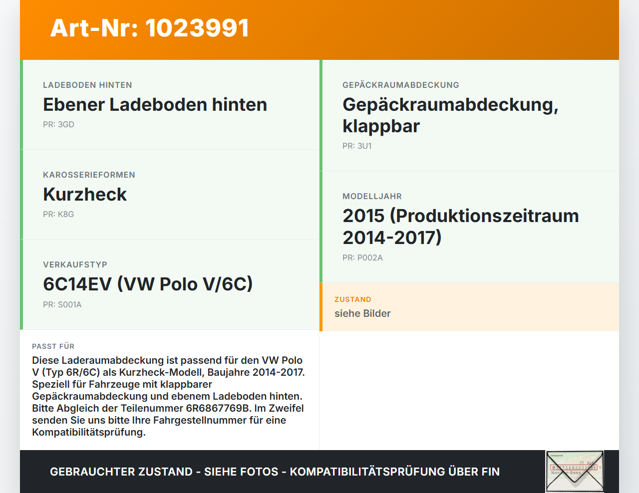 VW Polo V 6R 14-17 5T Laderaumabdeckung Hutablage Heckablage VW Polo V 6R 14-17 11.12.2014 6R6867769B gebraucht Vorschau 3