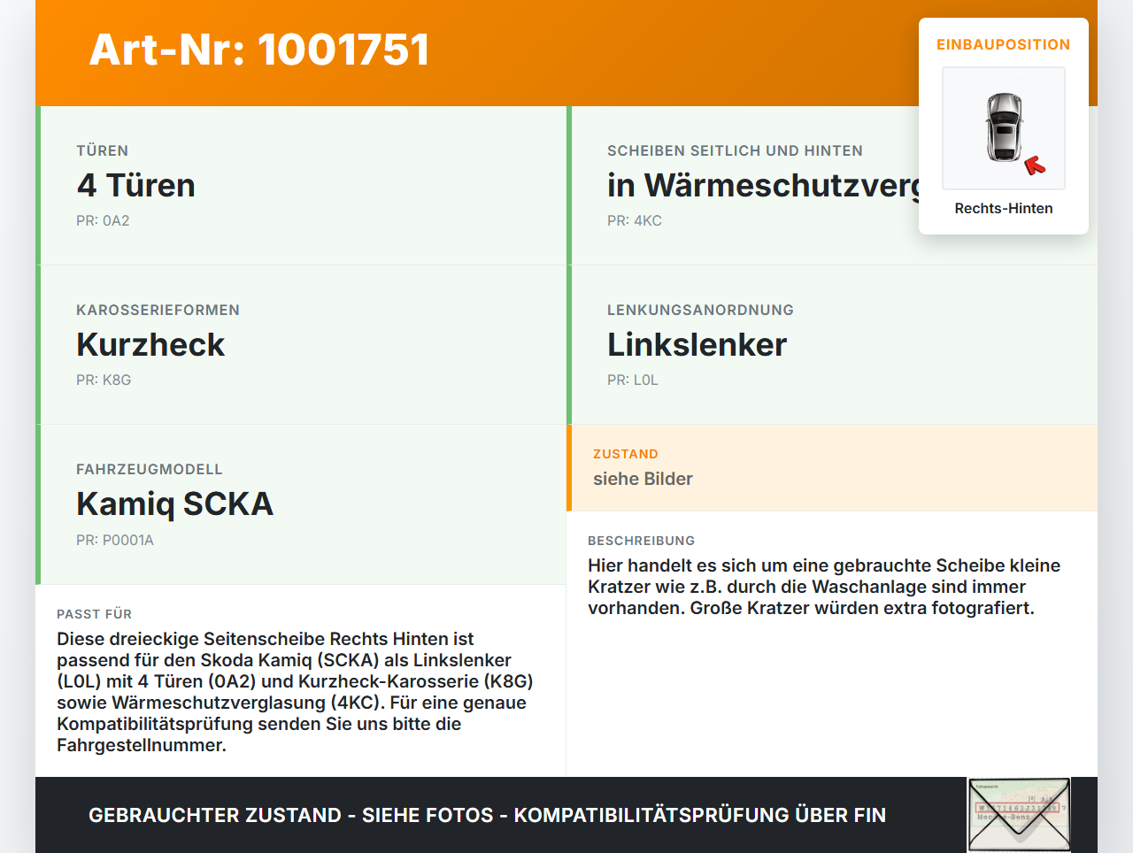 Skoda Kamiq NW4 19-23 Seitenscheibe Dreieck Scheibe Rechts Hinten Skoda Kamiq NW4 19-23 27.02.2024 658845214 gebraucht Vorschau 3