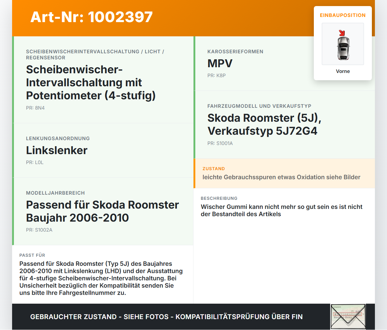 Skoda 5J 06-10 2x Scheibenwischer Wischarm Vorne Skoda 5J 06-10 11.01.2008 5J1955409B gebraucht Vorschau 3