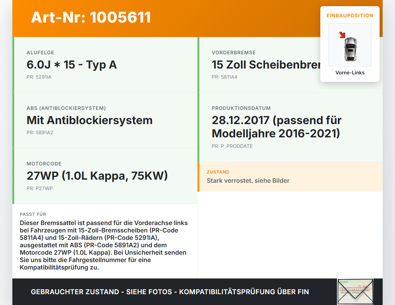Hyundai I20 GB 16-21 1,0 75KW Bremssattel Bremszange Vorne Links Hyundai I20 GB 16-21 17.04.2018 BC110275... Vorschau 3
