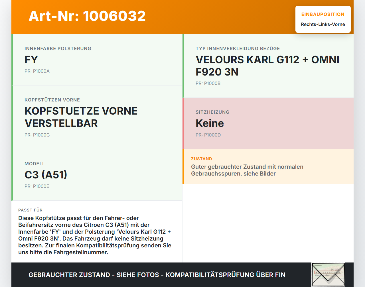 Citroen C3 II SC 09-13 Kopfstütze für Fahrer Sitz Rechts oder Links Vorne Citroen C3 II SC 09-13 03.05.2011 8854GN... Vorschau 3