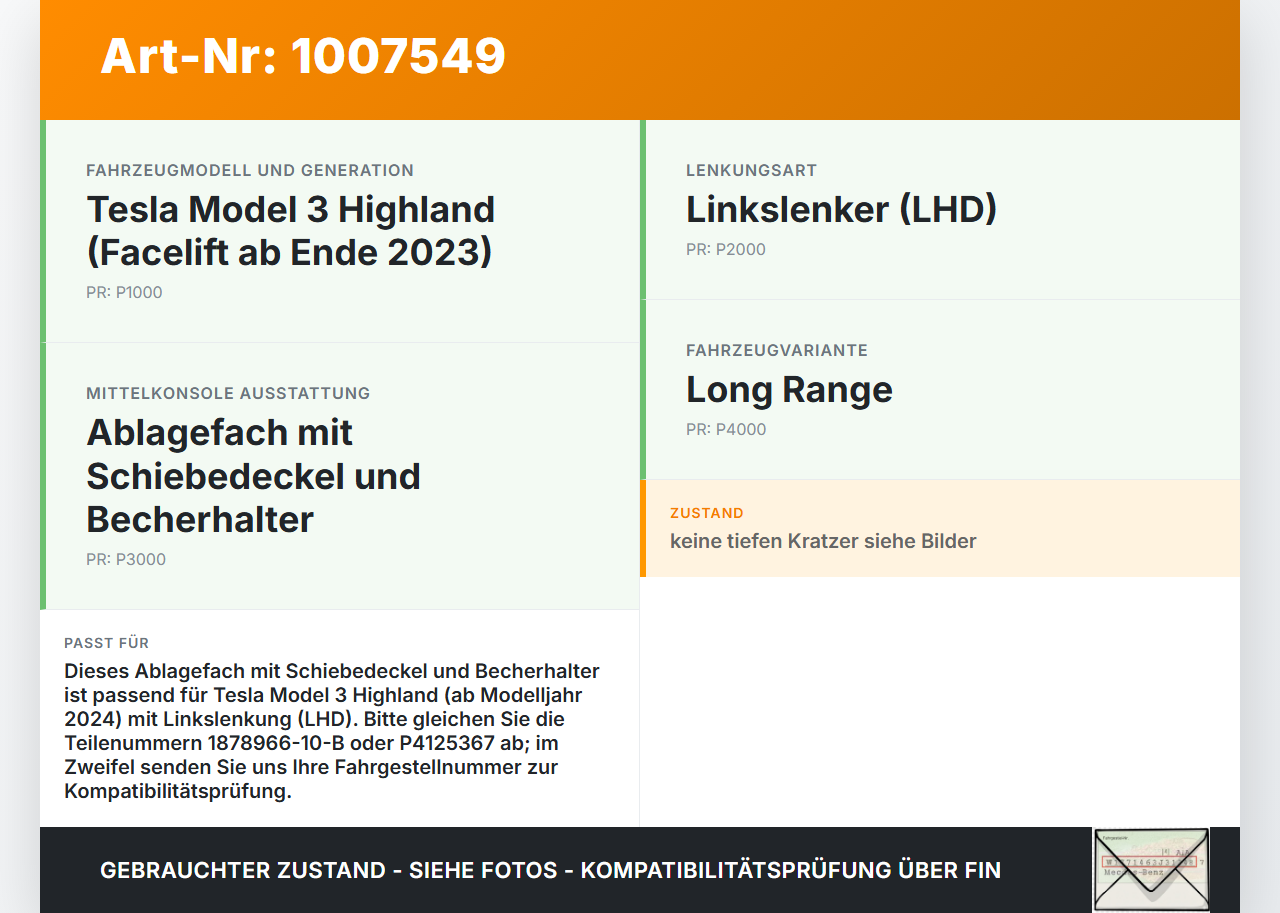 Tesla Model 3 LR Highland Mittelkonsole Ablagefach mit Schiebedeckel Becherhalter Tesla Model 3 LR Highland... Vorschau 3