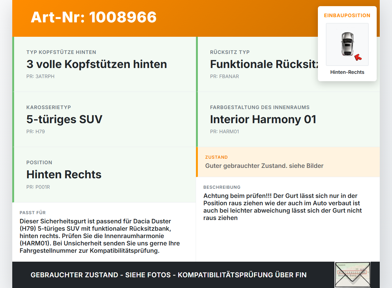 Dacia Duster 4x4 HS 10-18 Sicherheitsgurt Gurt Hinten Rechts Dacia Duster 4x4 HS 10-18 25.08.2016 751262 gebraucht Vorschau 3