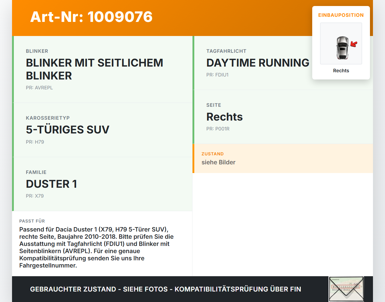 Dacia Duster 4x4 HS 10-18 Blinker Blinkleuchte Rechts orig. Dacia Duster 4x4 HS 10-18 25.08.2016 261B00001R 110311... Vorschau 3