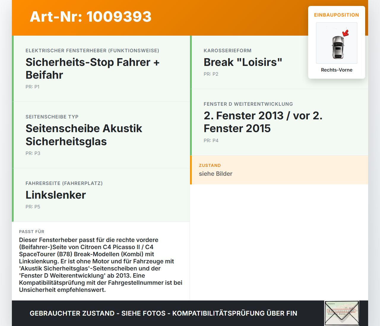Citroen C4 Picasso II 13-22 Kombi Fensterheber o. FH-Motor Rechts Vorne Citroen C4 Picasso II 13-22 08.10.2014... Vorschau 3