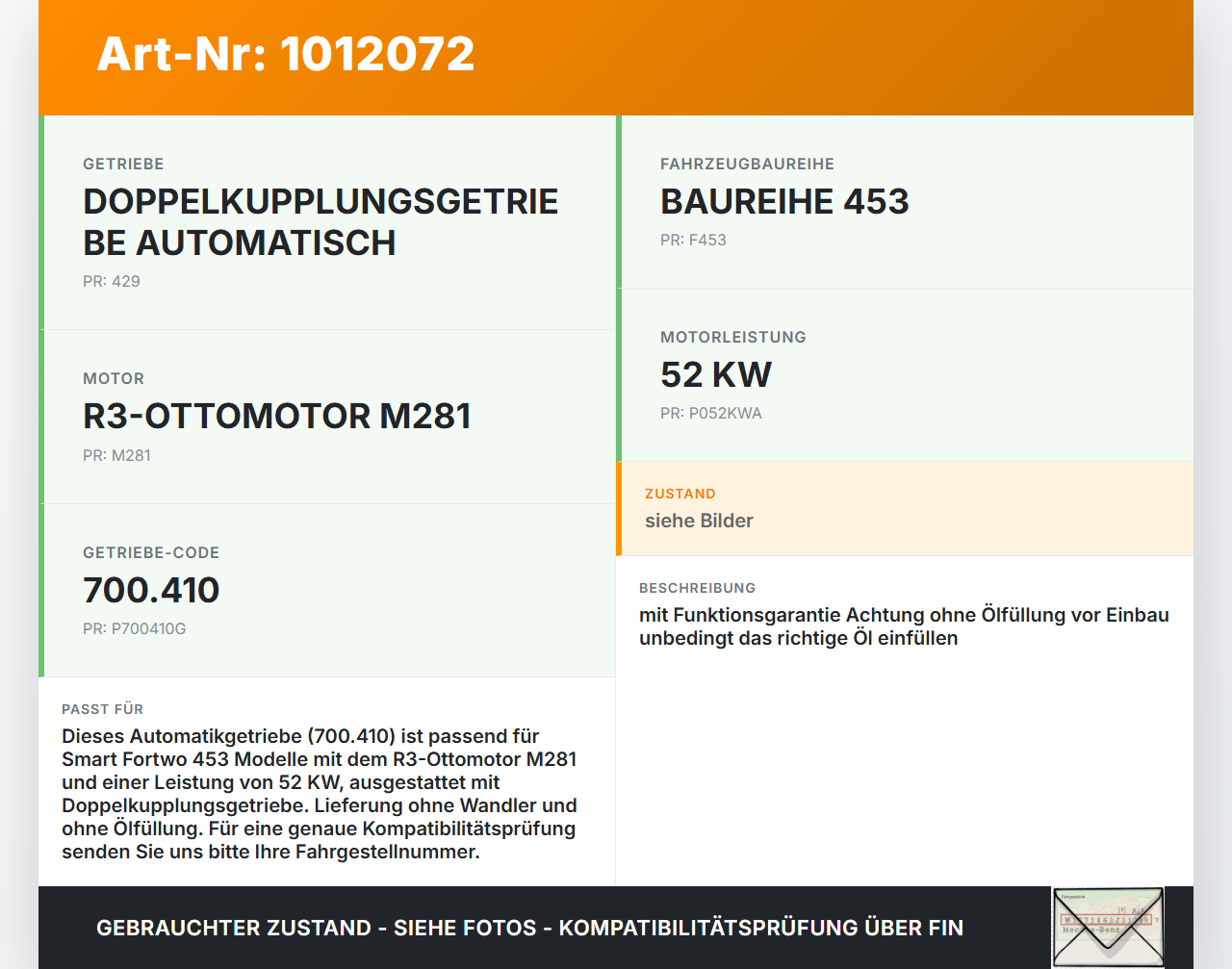 Smart Fortwo 453 14-24 1,0 52KW 700.410 Automatikgetriebe Getriebe ohne Wandler 700.410 Smart Fortwo 453 14-24... Vorschau 3