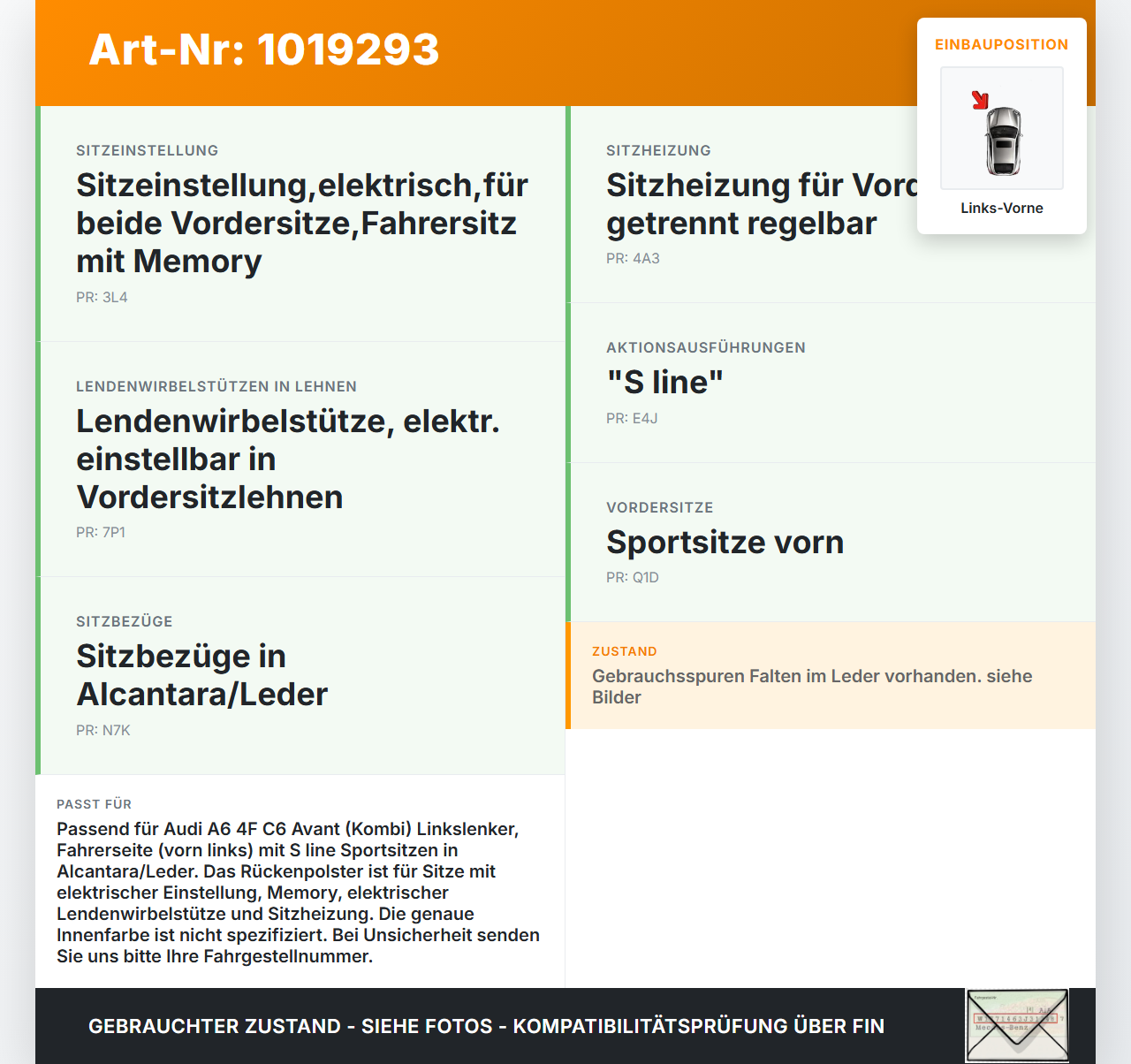 Audi A6 4F C6 08-11 Kombi Sitzbezug Rückenpolster Links Vorne für Fahrer Sitz beheizt S-Line Audi A6 4F C6 08-11... Vorschau 3
