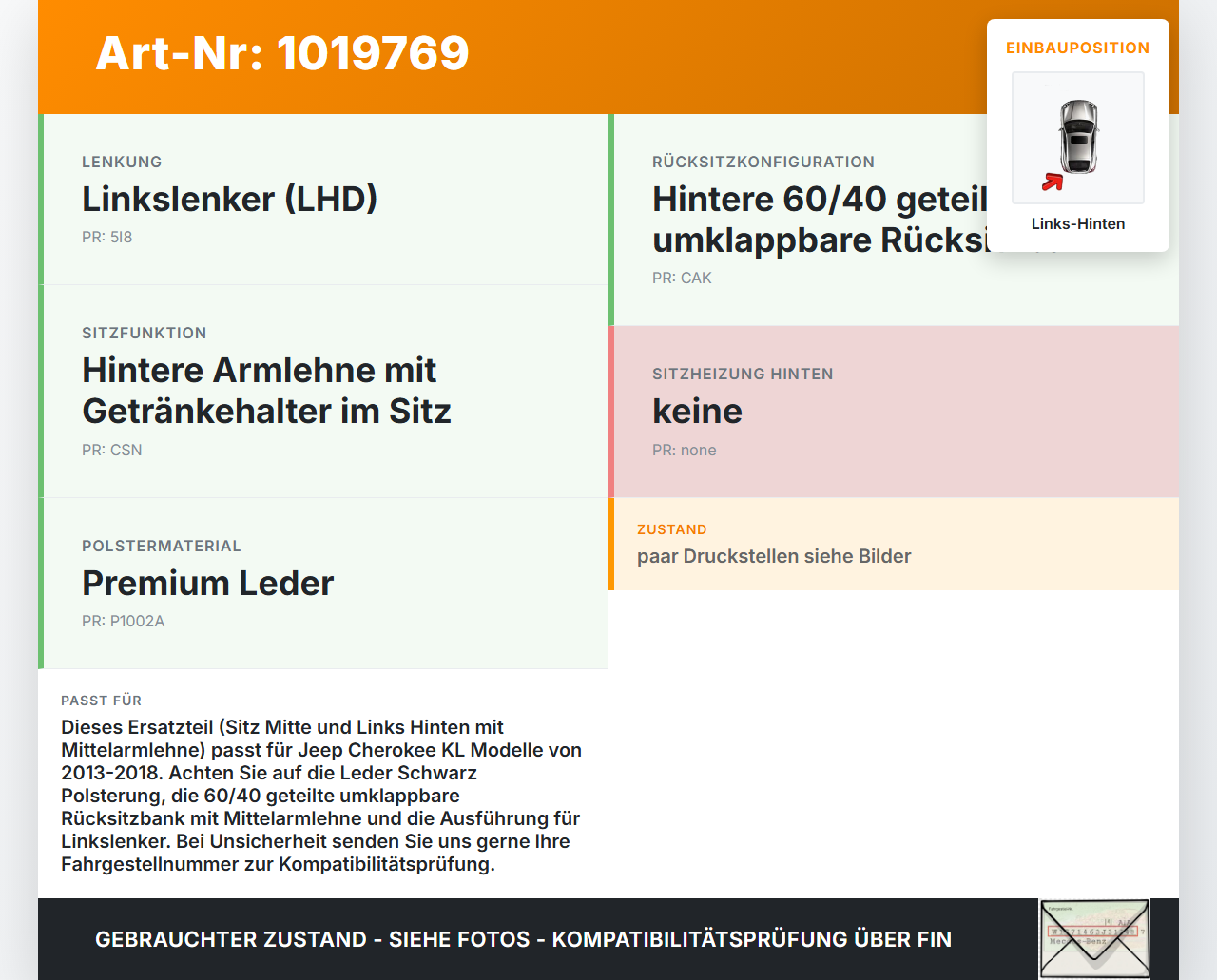 Jeep Cherokee KL 13-18 Sitz Mitte und Links Hinten Mittelarmlehne Jeep Cherokee KL 13-18 01.01.2017 gebraucht Vorschau 3
