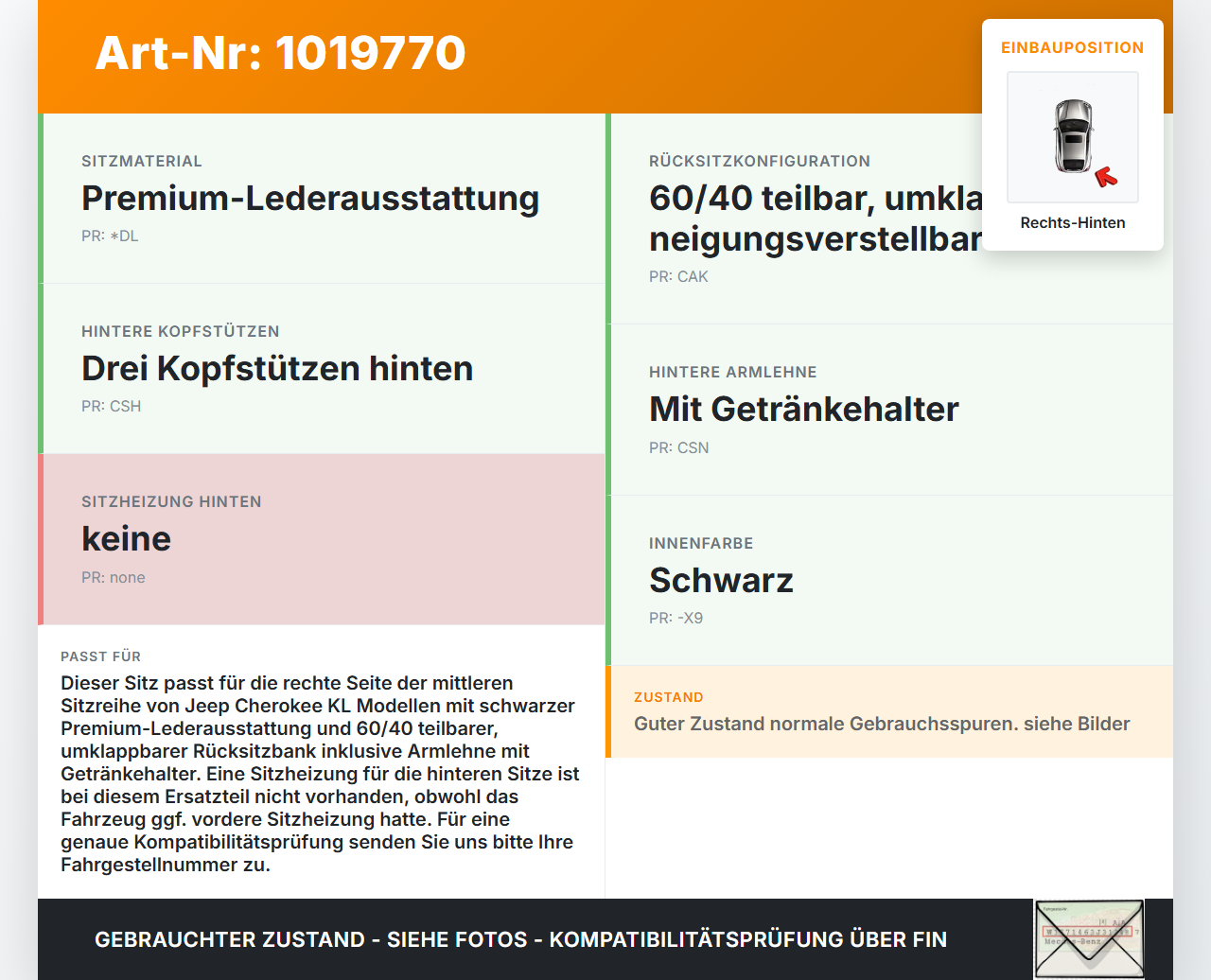 Jeep Cherokee KL 13-18 Sitz Rechts Hinten Mittlere Reihe Jeep Cherokee KL 13-18 01.01.2017 gebraucht Vorschau 3