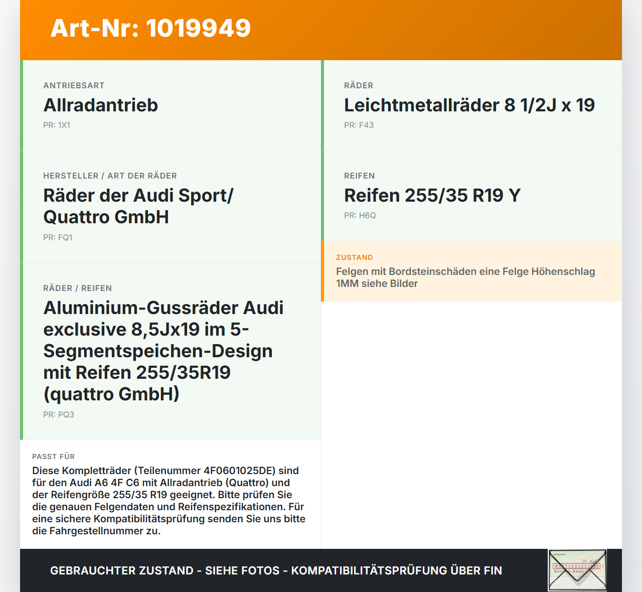Audi A6 4F C6 08-11 4 x Kompletträder Aluminiumfelge Sommerreifen 255/35R19 5X112 Audi A6 4F C6 08-11 10.03.2009... Vorschau 3