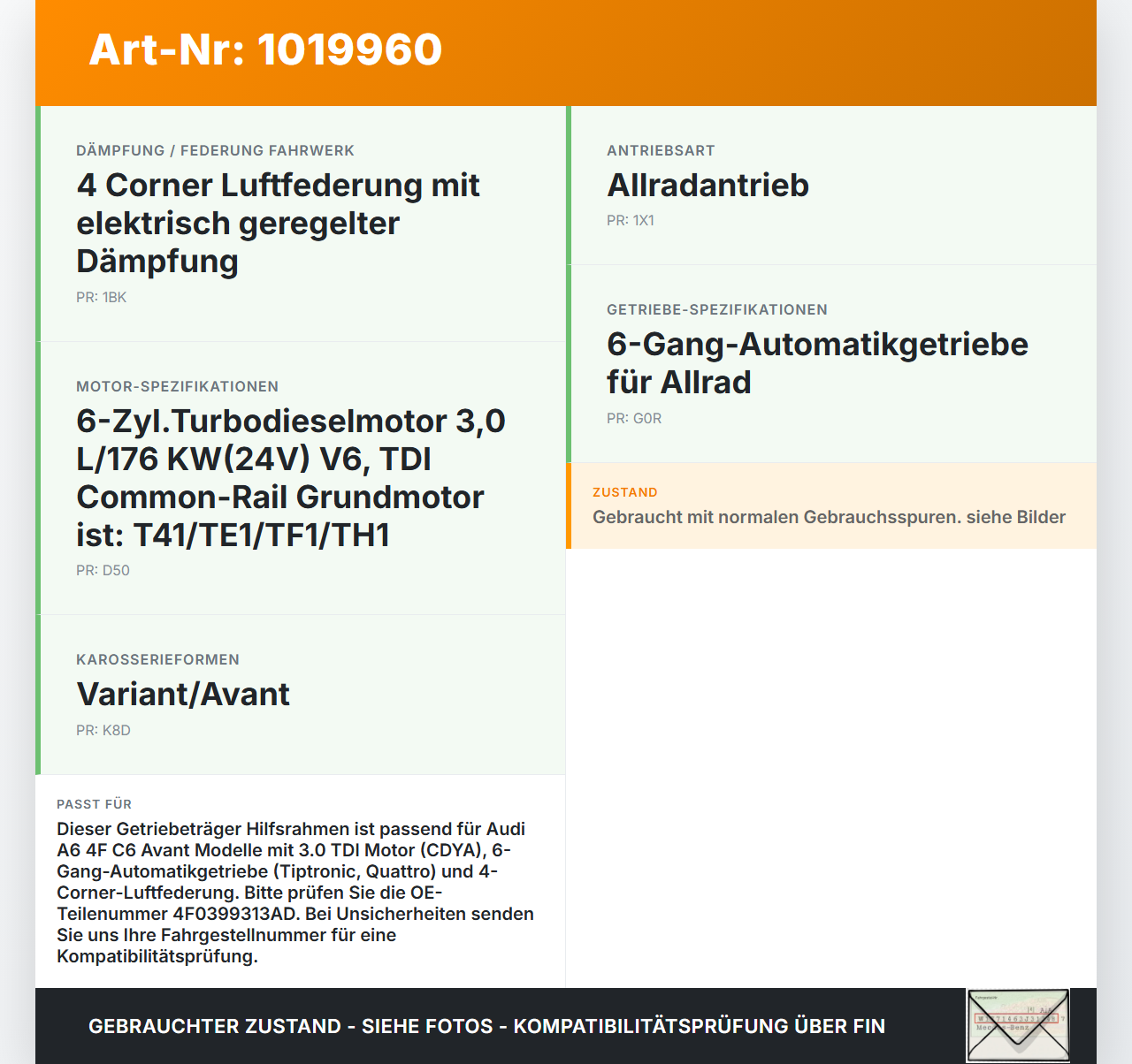 Audi A6 4F C6 08-11 Kombi Getriebeträger Hilfsrahmen Audi A6 4F C6 08-11 10.03.2009 4F0399313AD gebraucht Vorschau 3