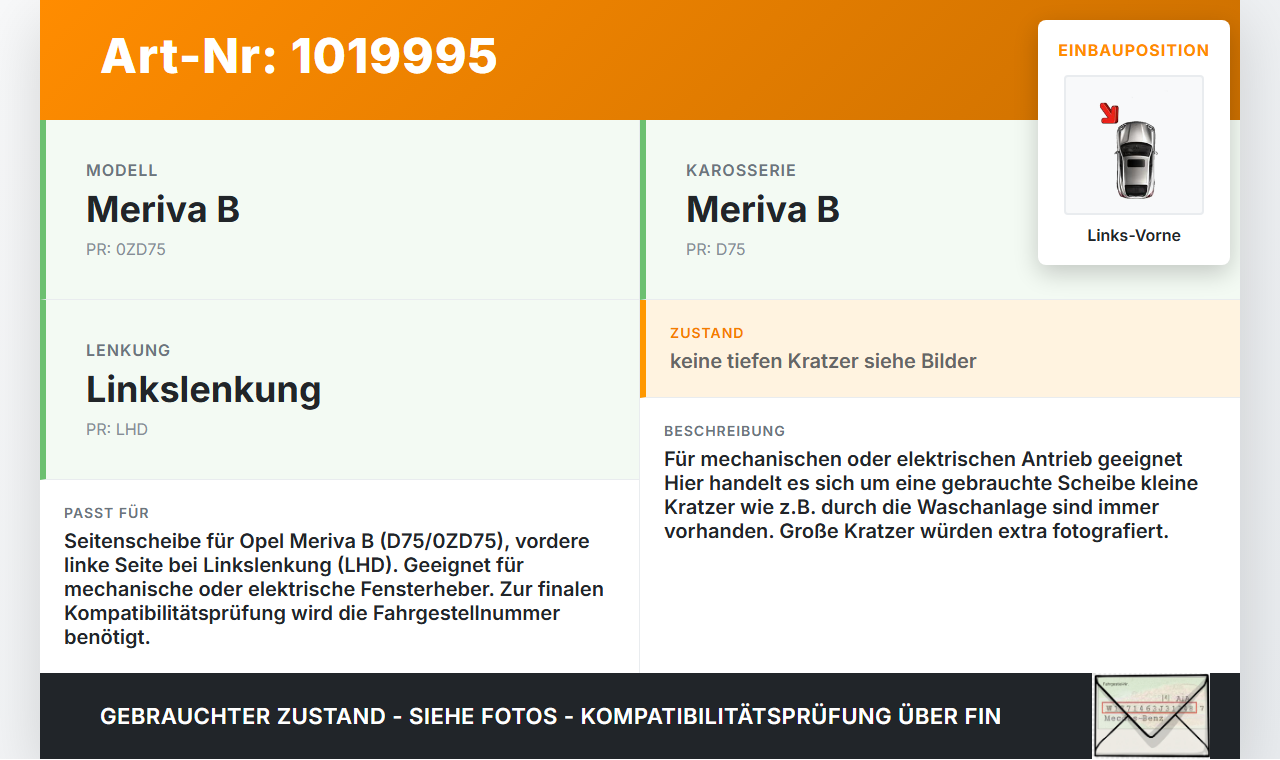 Opel Meriva B S10 10-13 Kombi Seitenscheibe LVK Fenster Türscheibe Links Vorne Opel Meriva B S10 10-13 22.03.2010... Vorschau 3