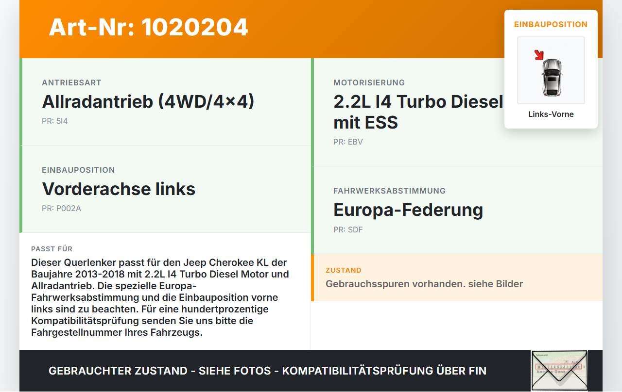 Jeep Cherokee KL 13-18 Querlenker Links Vorne Jeep Cherokee KL 13-18 01.01.2017 gebraucht Vorschau 3