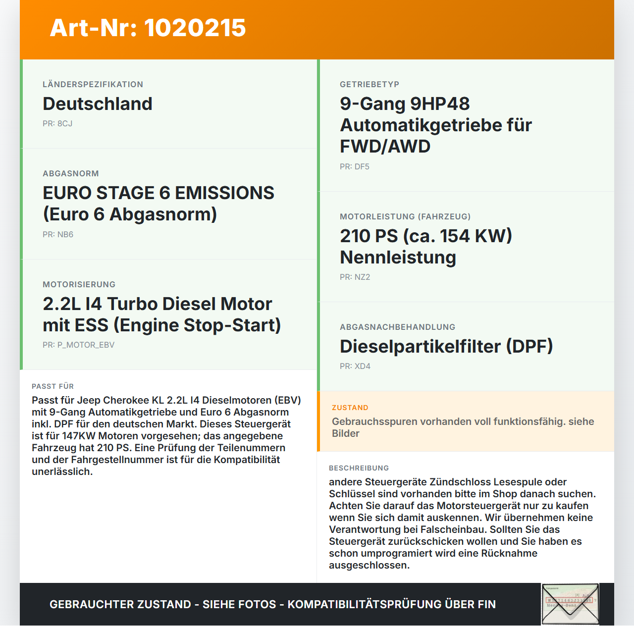 Jeep Cherokee KL 13-18 2,2d 147KW Steuergerät ECU für Motor Motorsteuergerät Jeep Cherokee KL 13-18 01.01.2017... Vorschau 3