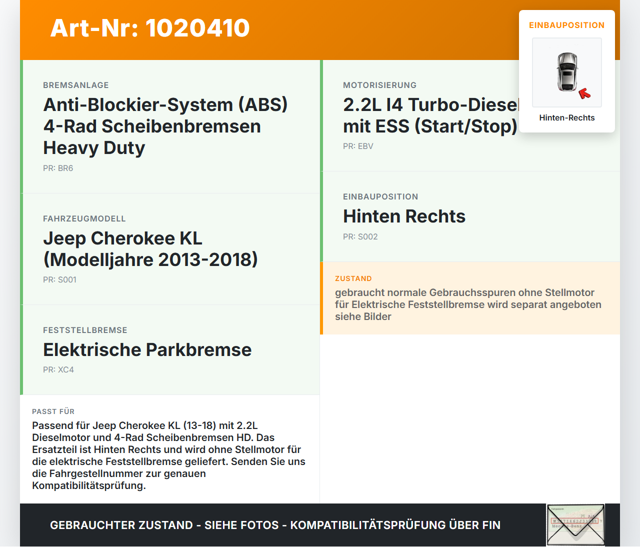 Jeep Cherokee KL 13-18 2,2d 147KW Bremssattel Bremszange Hinten Rechts Jeep Cherokee KL 13-18 01.01.2017 183286017A... Vorschau 3