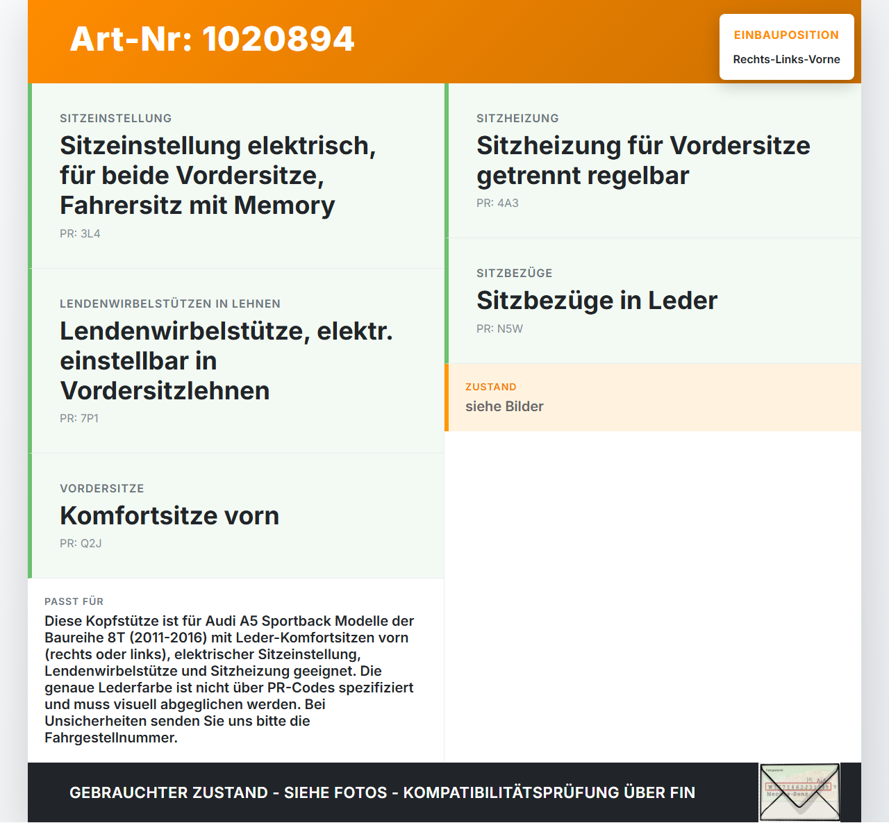 Audi A5 8T 11-16 5T Leder Kopfstütze für Beifahrer Sitz Rechts oder Links Vorne Leder Audi A5 8T 11-16 04.04.2013... Vorschau 3