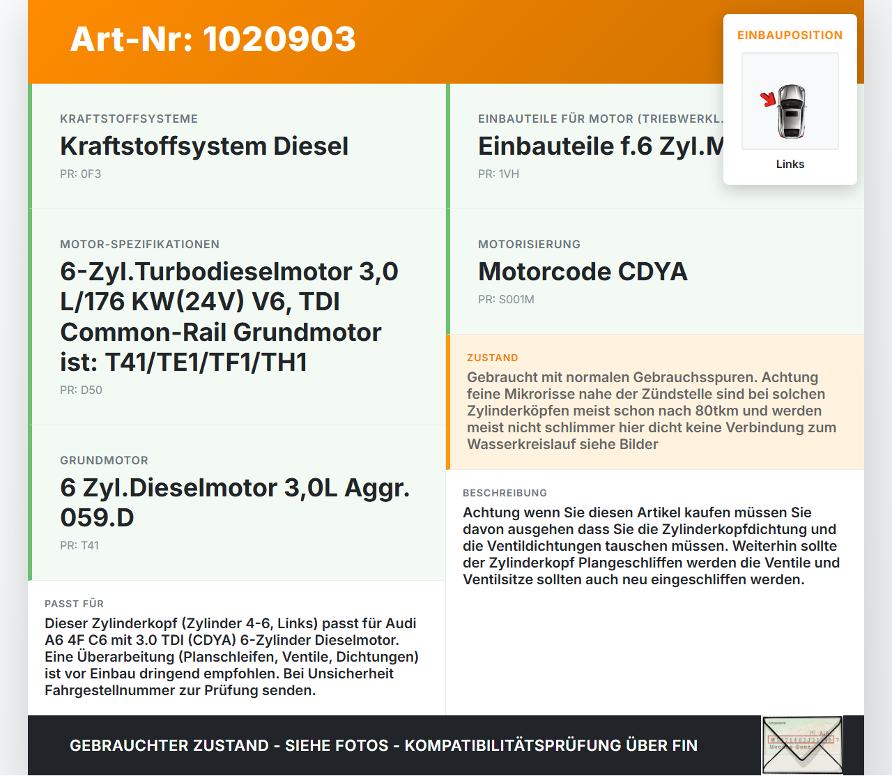 Audi A6 4F C6 08-11 TDI 3,0 176KW CDYA Zylinderkopf Links 4-6 Audi A6 4F C6 08-11 10.03.2009 059103063BG... Vorschau 3