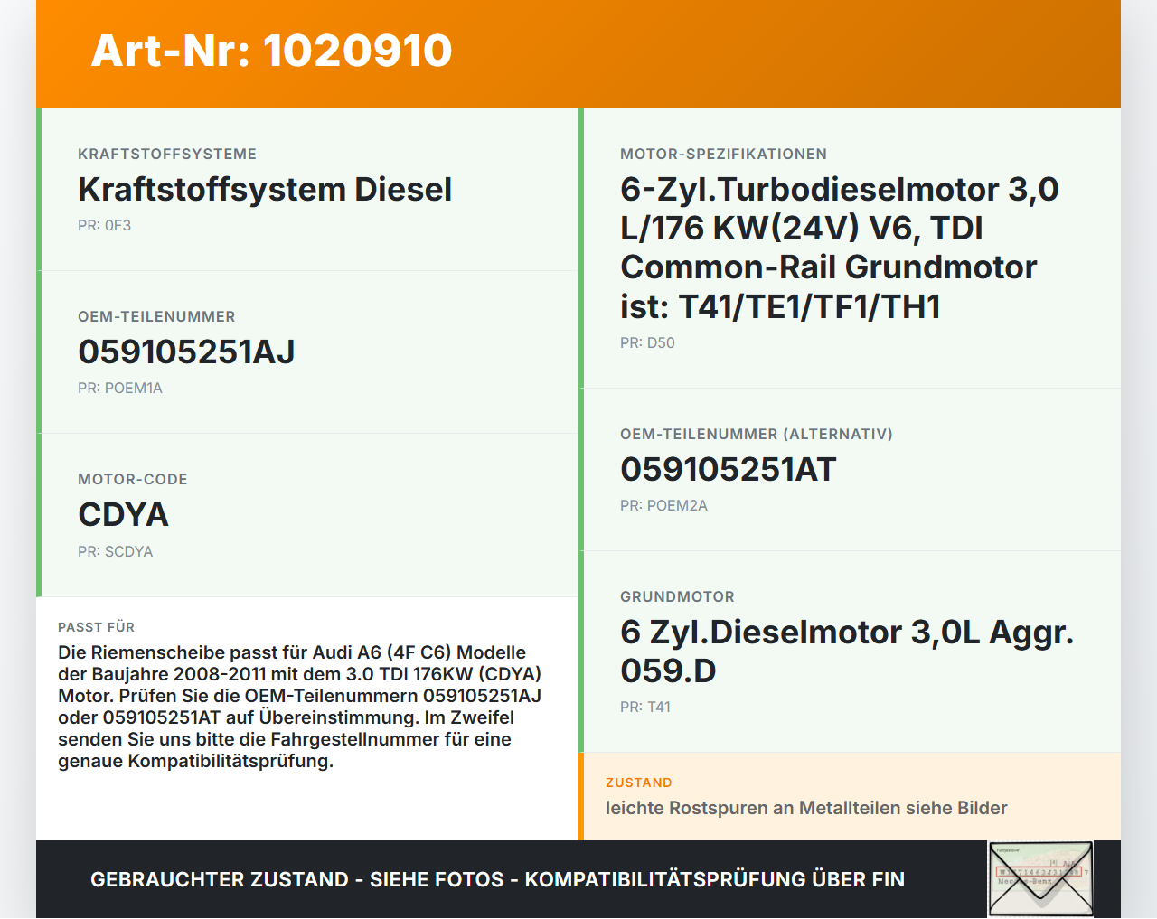 Audi A6 4F C6 08-11 TDI 3,0 176KW CDYA Riemenscheibe Audi A6 4F C6 08-11 10.03.2009 059105251AJ 059105251AT gebraucht Vorschau 3