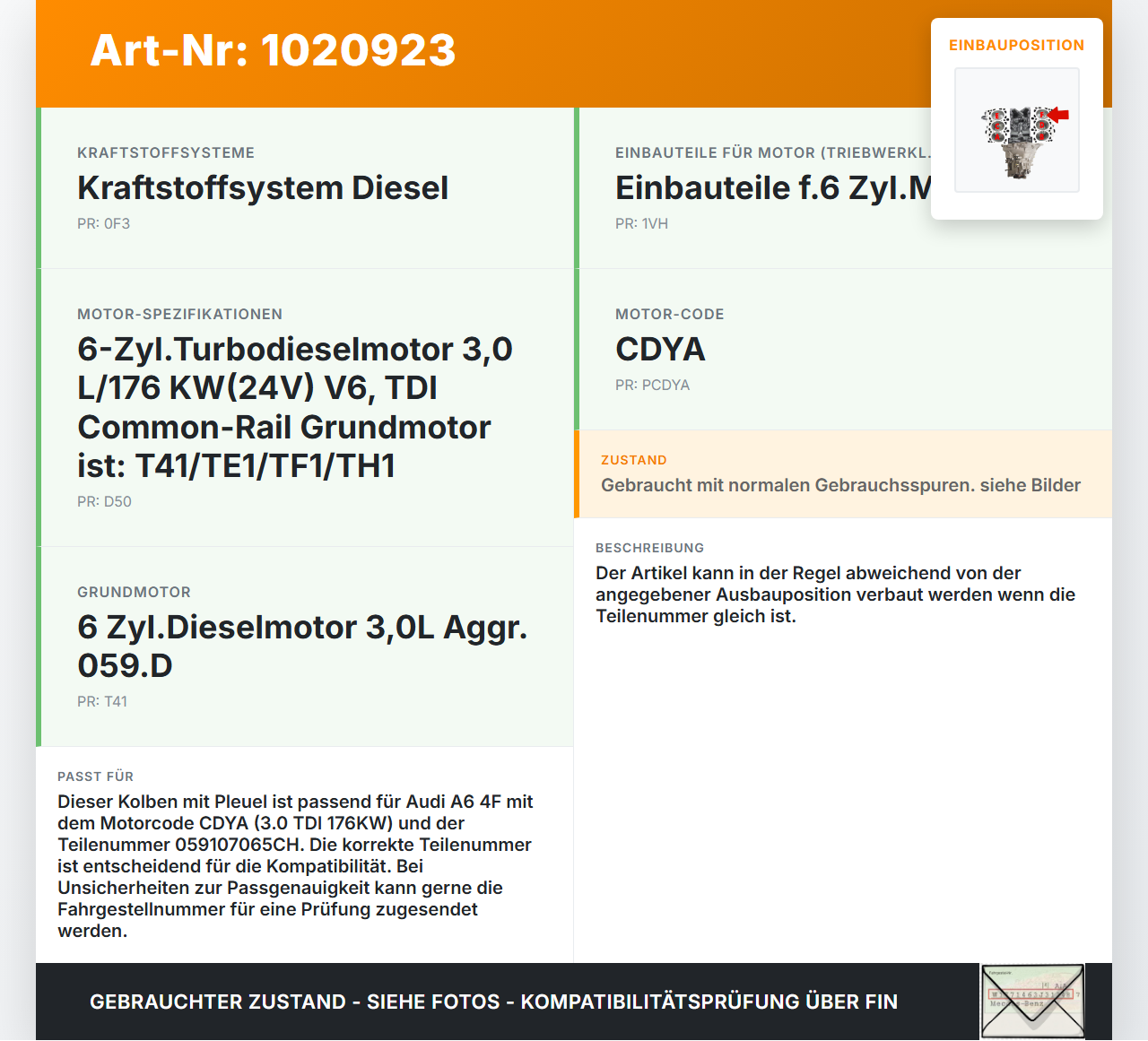 Audi A6 4F C6 08-11 TDI 3,0 176KW CDYA Kolben mit Pleuel Pos F Audi A6 4F C6 08-11 10.03.2009 059107065CH gebraucht Vorschau 3