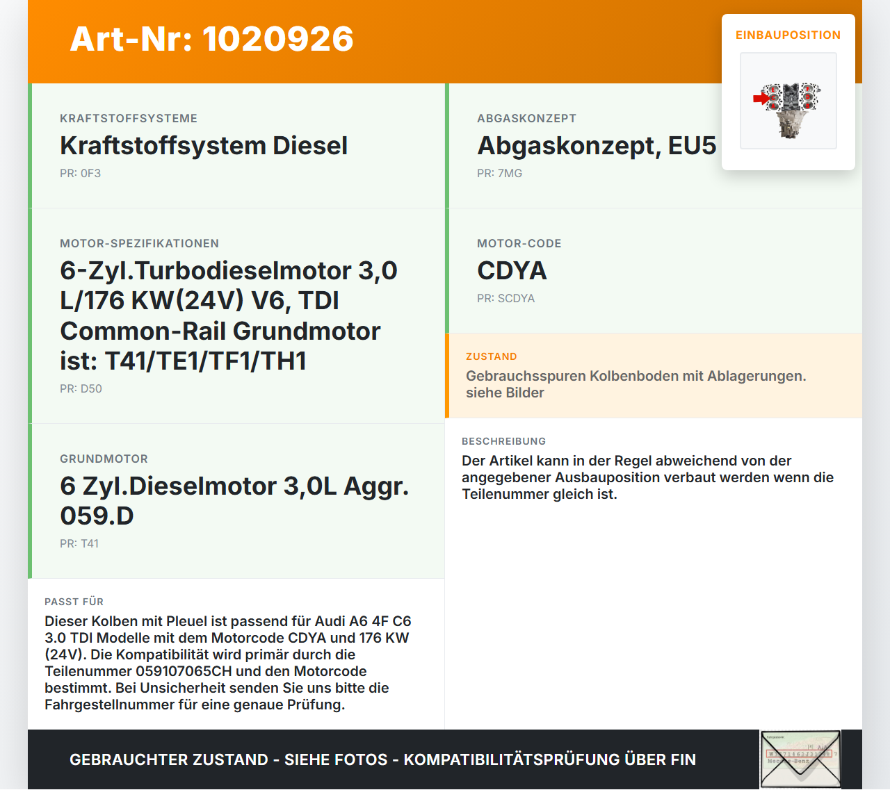 Audi A6 4F C6 08-11 TDI 3,0 176KW CDYA Kolben mit Pleuel Pos C Audi A6 4F C6 08-11 10.03.2009 059107065CH gebraucht Vorschau 3
