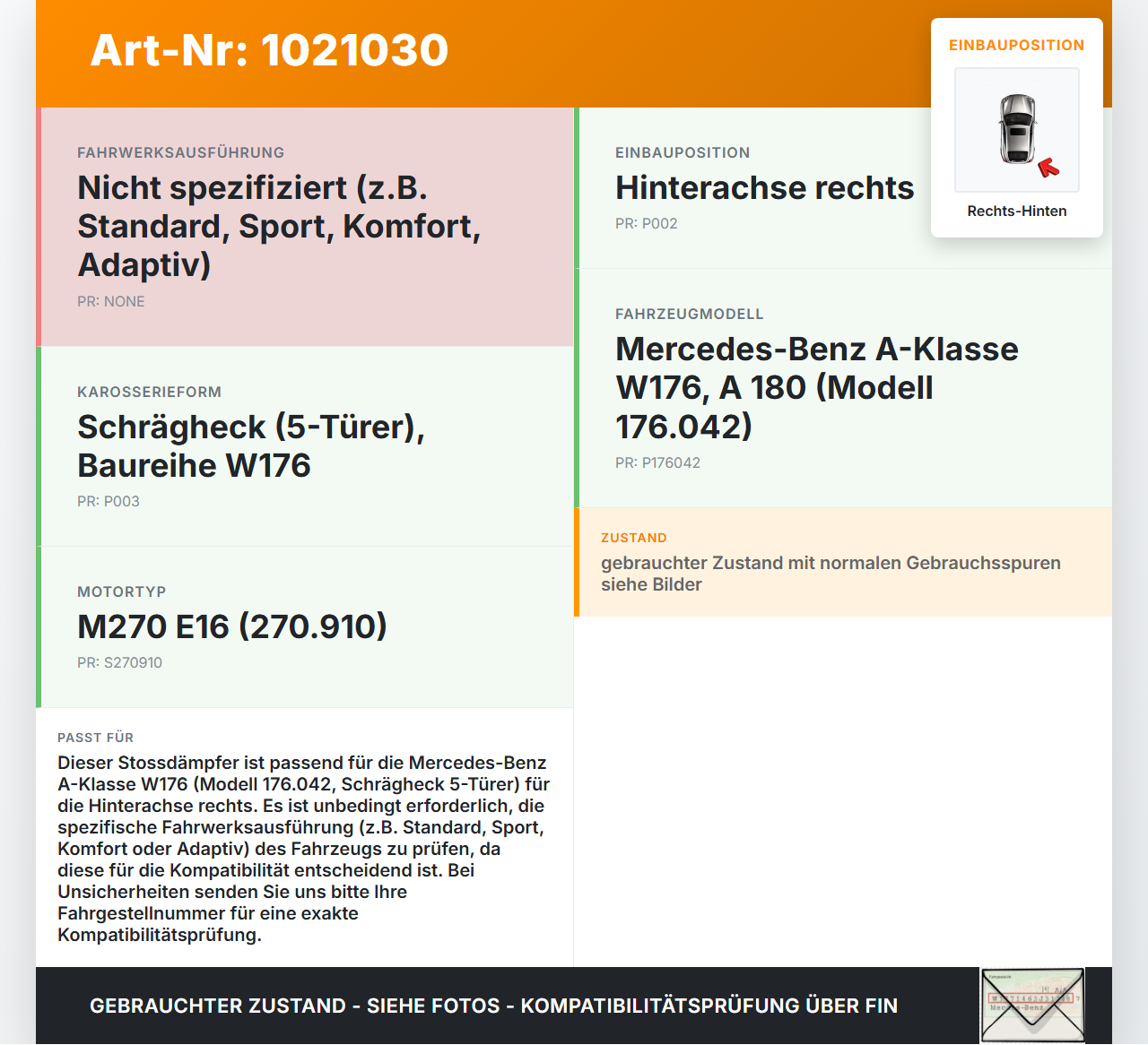 Mercedes W176 A180 15-18 5T Stossdämpfer Rechts Hinten Mercedes W176 A180 15-18 19.10.2016 gebraucht Vorschau 3