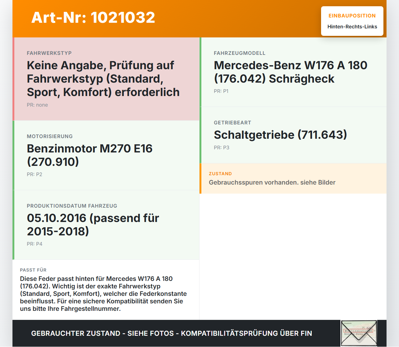 Mercedes W176 A180 15-18 5T Feder Hinten Rechts und Links Mercedes W176 A180 15-18 19.10.2016 gebraucht Vorschau 3