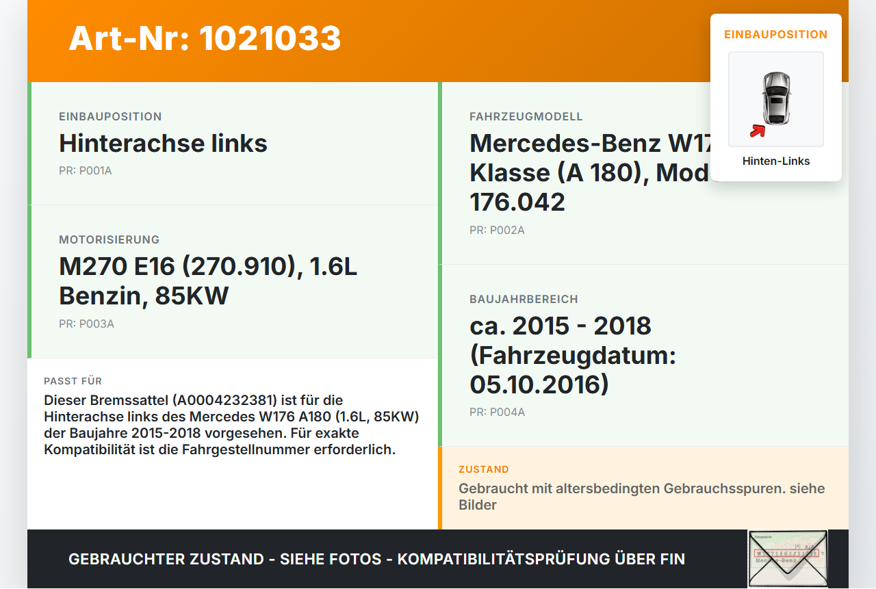 Mercedes W176 A180 15-18 1,6 85KW Bremssattel Bremszange Hinten Links Mercedes W176 A180 15-18 19.10.2016... Vorschau 3