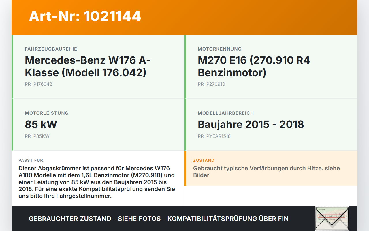 Mercedes W176 A180 15-18 1,6 85KW 270.910 Abgaskrümmer Mercedes W176 A180 15-18 19.10.2016 G1790106 21133-04 gebraucht Vorschau 3