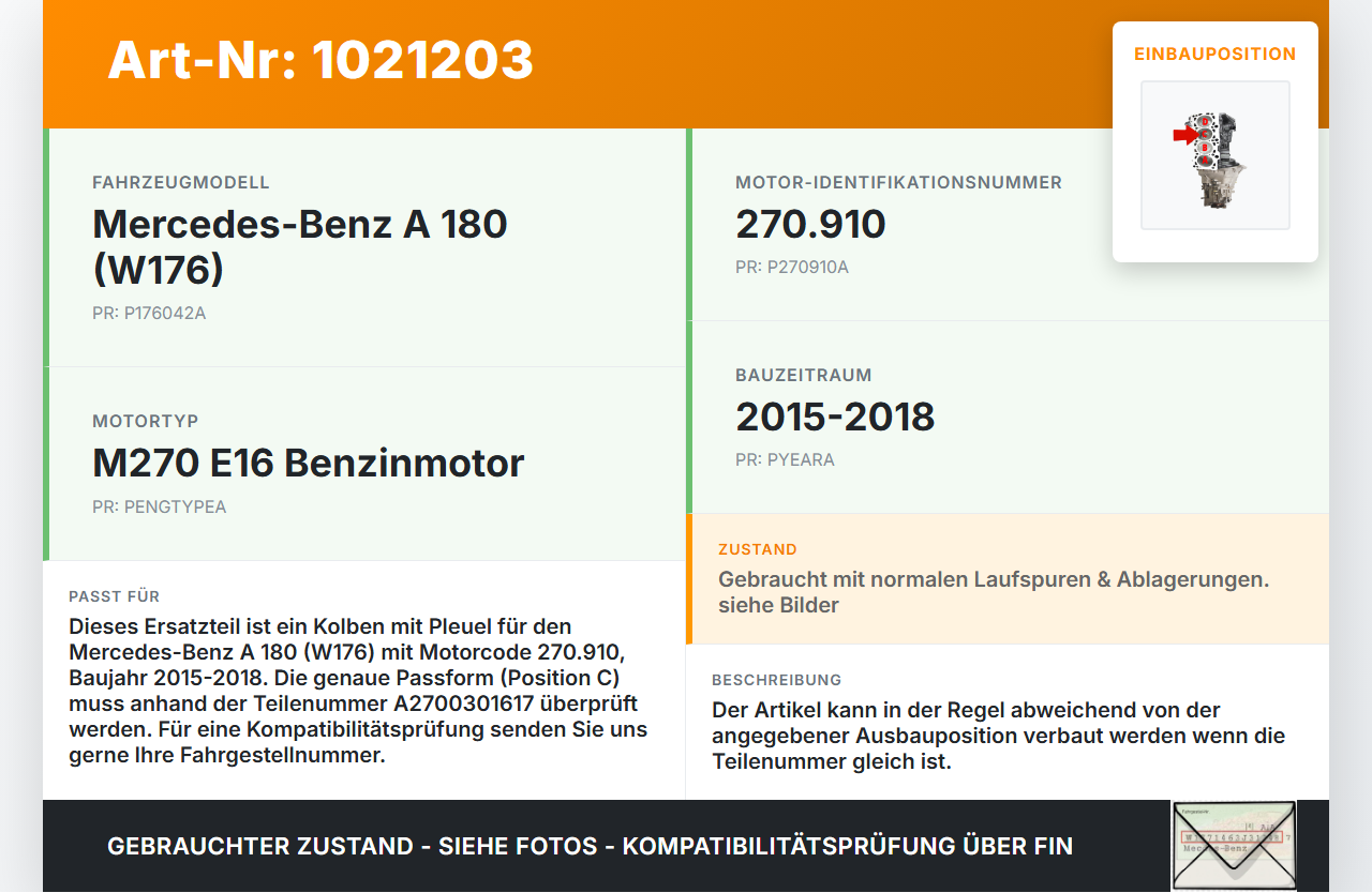 Mercedes W176 A180 15-18 1,6 85KW 270.910 Kolben mit Pleuel Pos C Mercedes W176 A180 15-18 19.10.2016 A2700301617... Vorschau 3