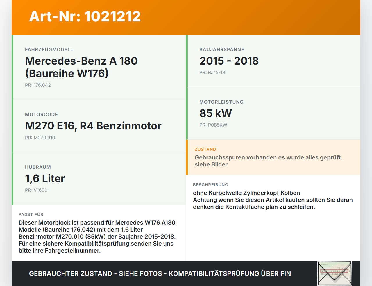 Mercedes W176 A180 15-18 1,6 85KW 270.910 Motorblock für Motor Mercedes W176 A180 15-18 19.10.2016 gebraucht Vorschau 3