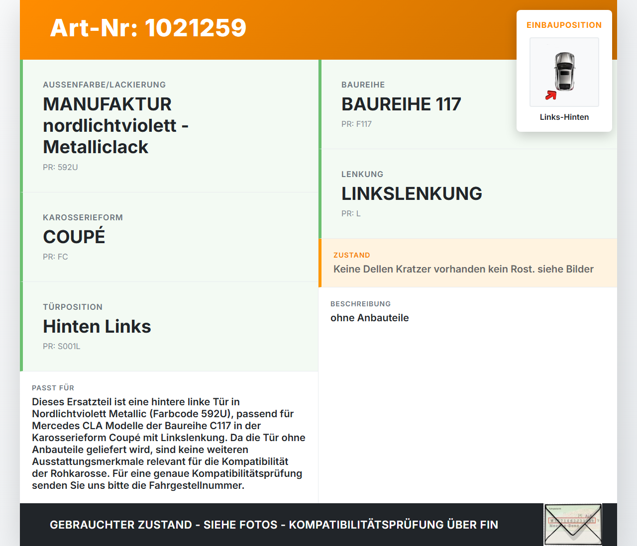 Mercedes CLA 250 C117 13-16 Coupe Tür Links Hinten 592 Mercedes CLA 250 C117 13-16 24.06.2014 A1177300105 gebraucht Vorschau 3
