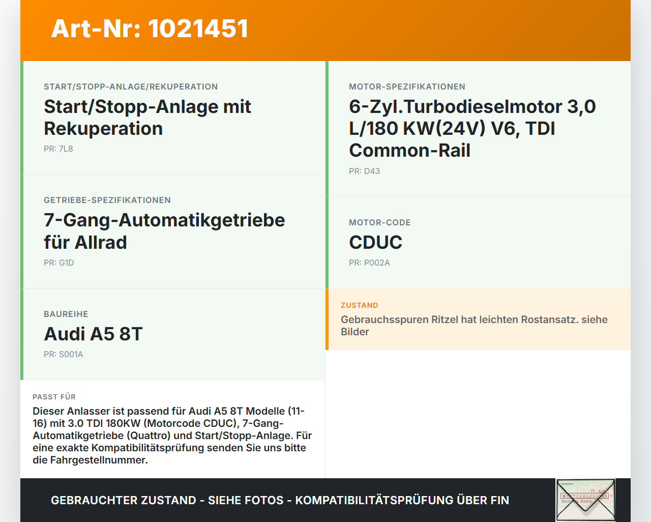Audi A5 8T 11-16 TDI 3,0 180KW Autom Anlasser Starter Audi A5 8T 11-16 04.04.2013 059911021G 0001139041 gebraucht Vorschau 3