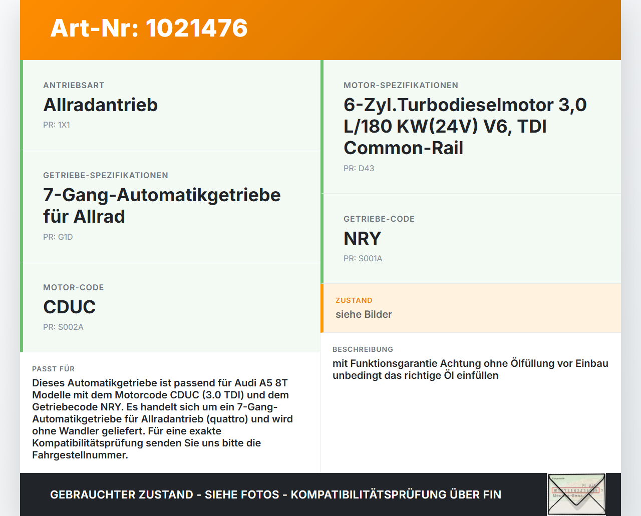 Audi A5 8T 11-16 TDI 3,0 NRY Automatikgetriebe Getriebe ohne Wandler Audi A5 8T 11-16 04.04.2013 0B5300056A gebraucht Vorschau 3